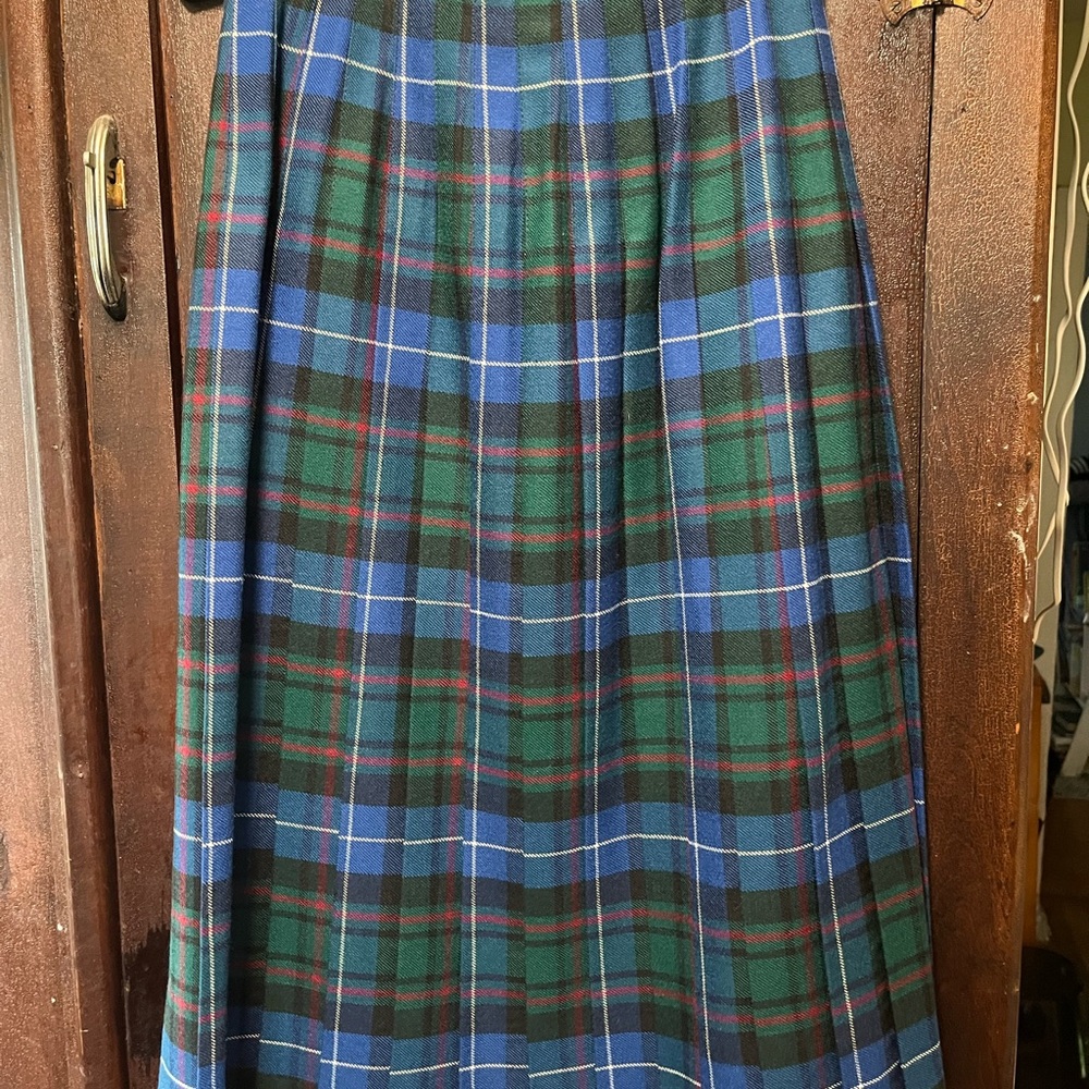 Charter Club Green and Blue Midi A-line Skirt 100% wool